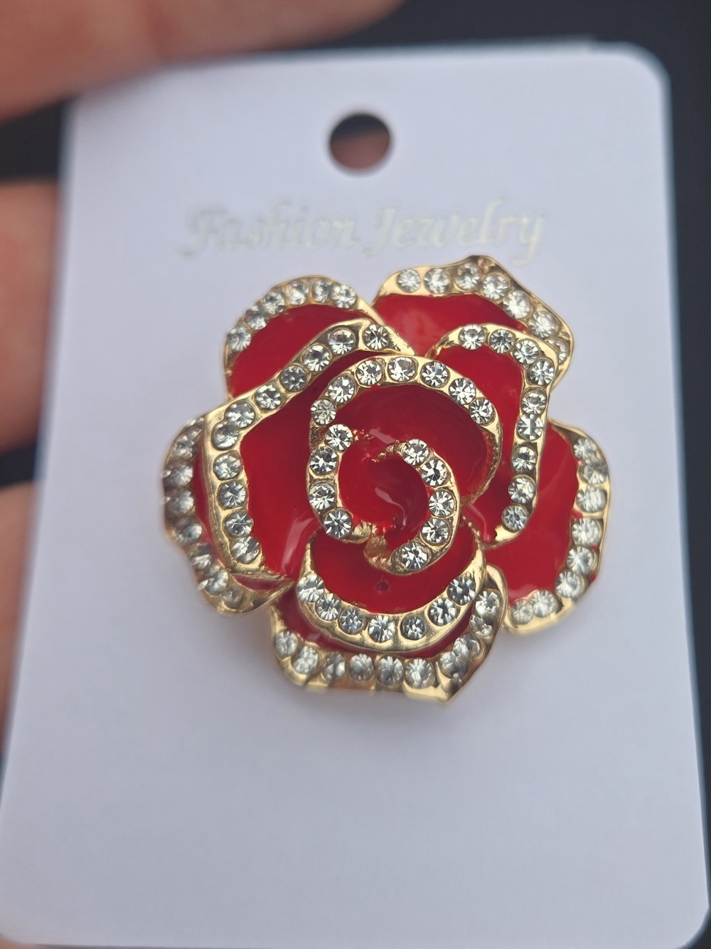 Red Rose Flower Brooch Enamel Pin with Rhinestones